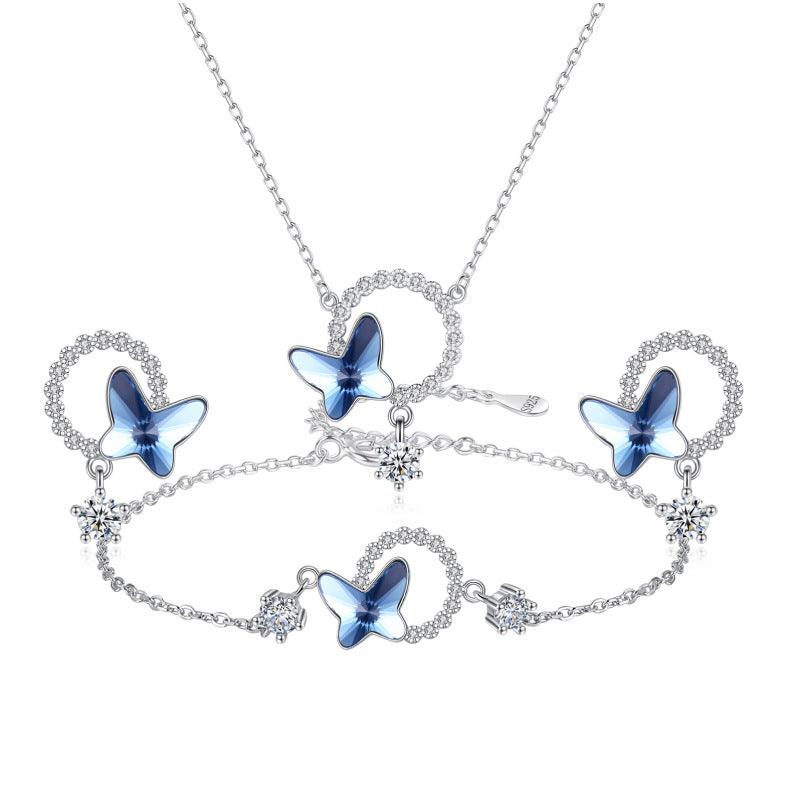 S925 Silver Crystal Blossom Butterfly Necklace Bracelet  Earrings Set-BlingRunway