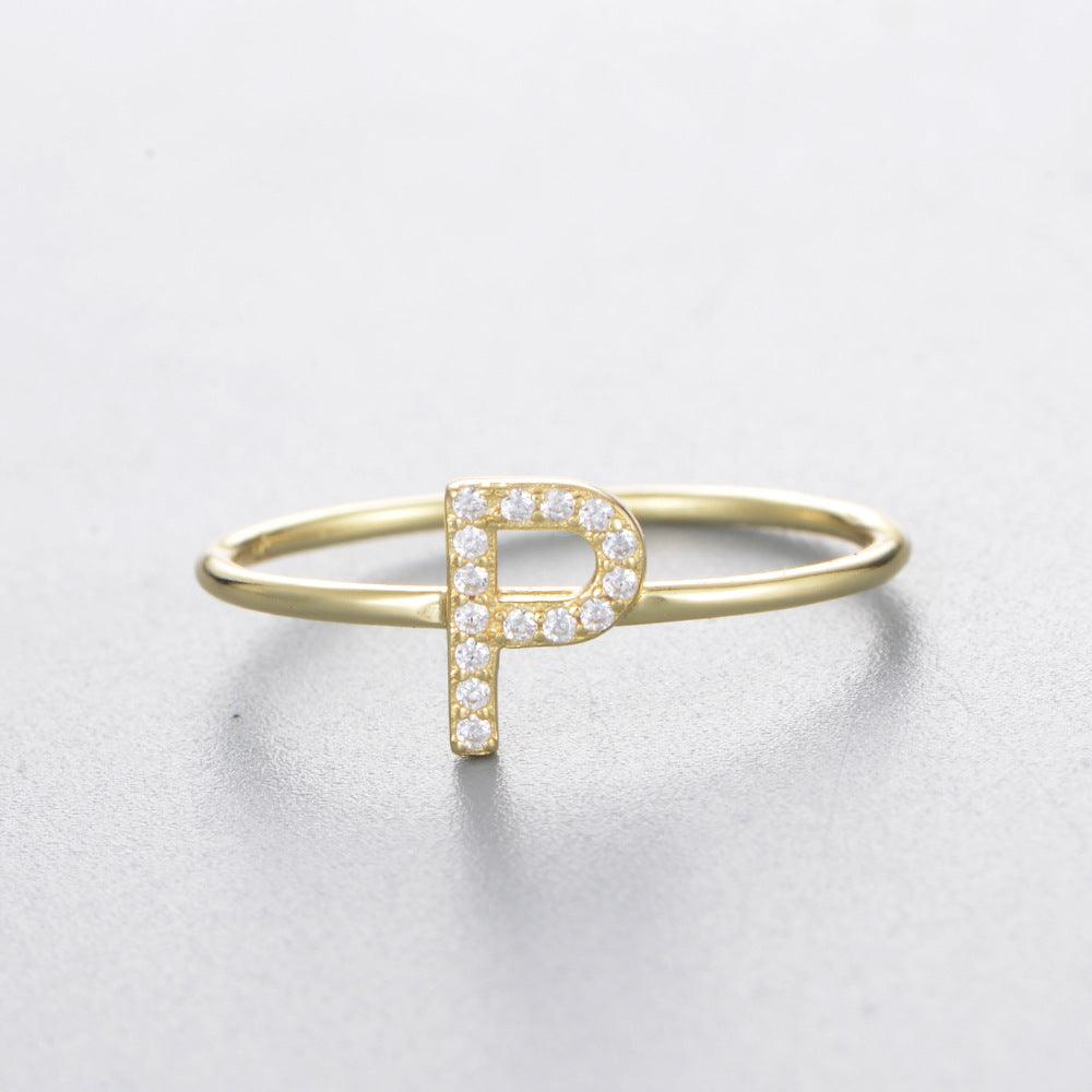 Simple 26 English Alphabet Zircon Sterling Silver Ring-BlingRunway