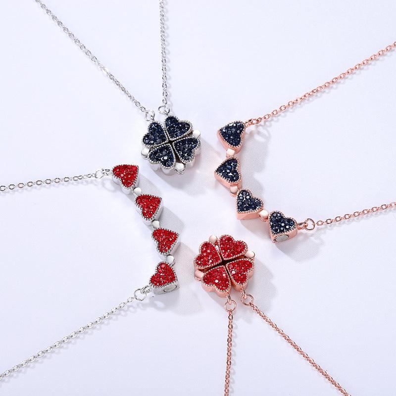 S925 Sterling Silver Silver Purple Red Clover Necklace