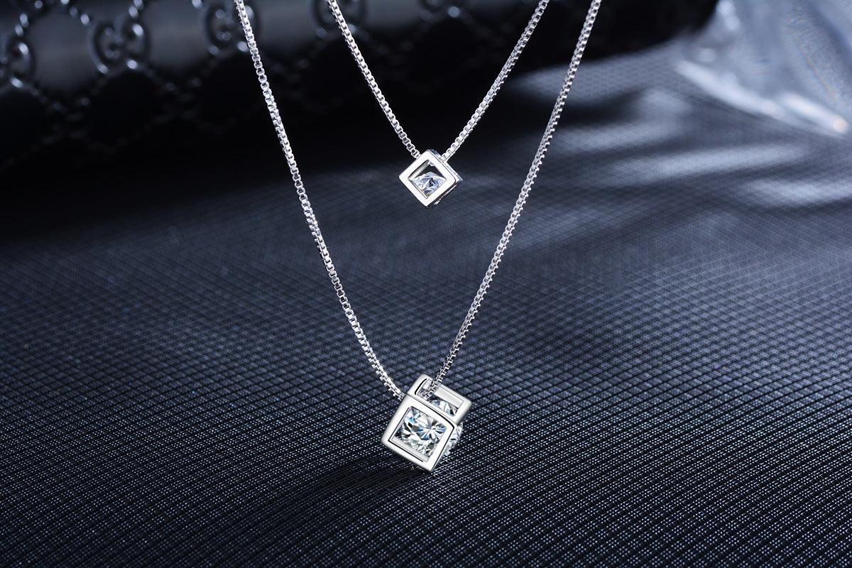 Bling Runway Love Cube Zircon Pendant Necklace Double Necklace Trend Necklace