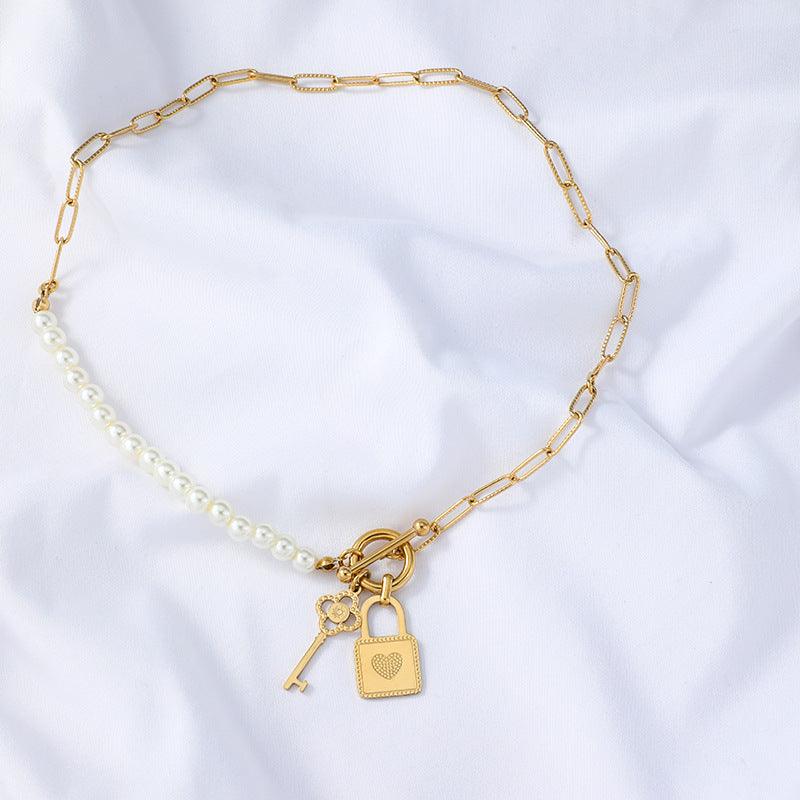 Classic Love Lock Half Pearl Half Chain Necklace