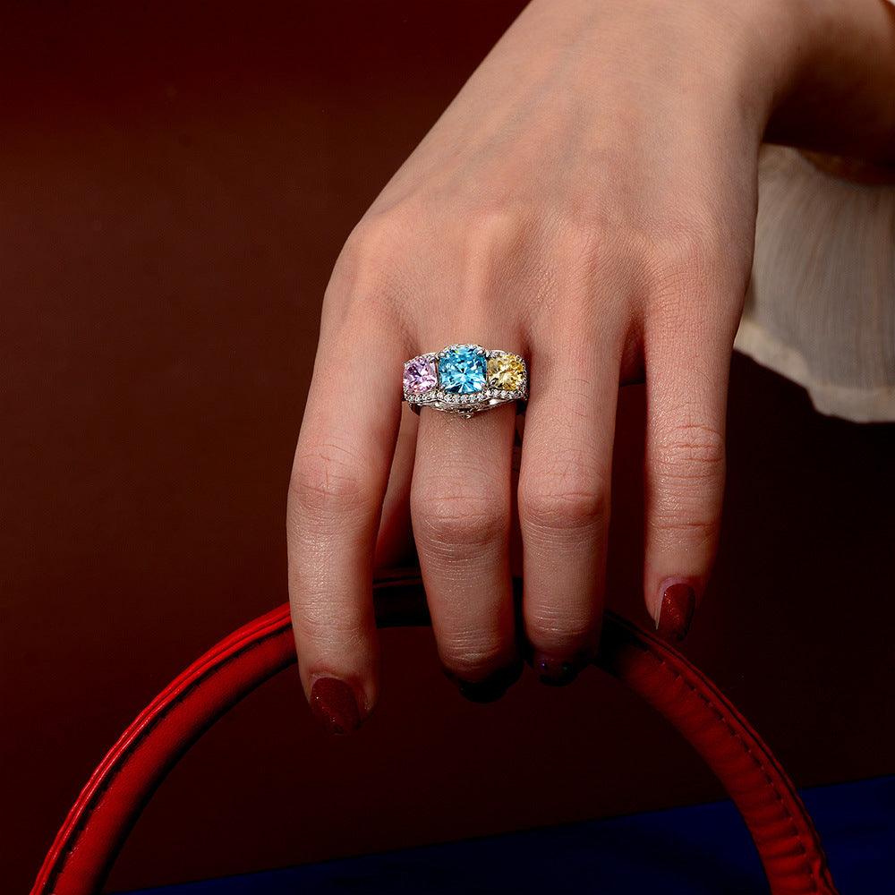 Yellow Blue Pink Contrast Color Handmade Silver Ring-BlingRunway