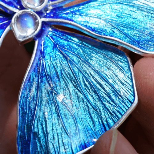 Fantasy Butterfly Moonstone Blue Enamel S999 Sterling Silver Necklace