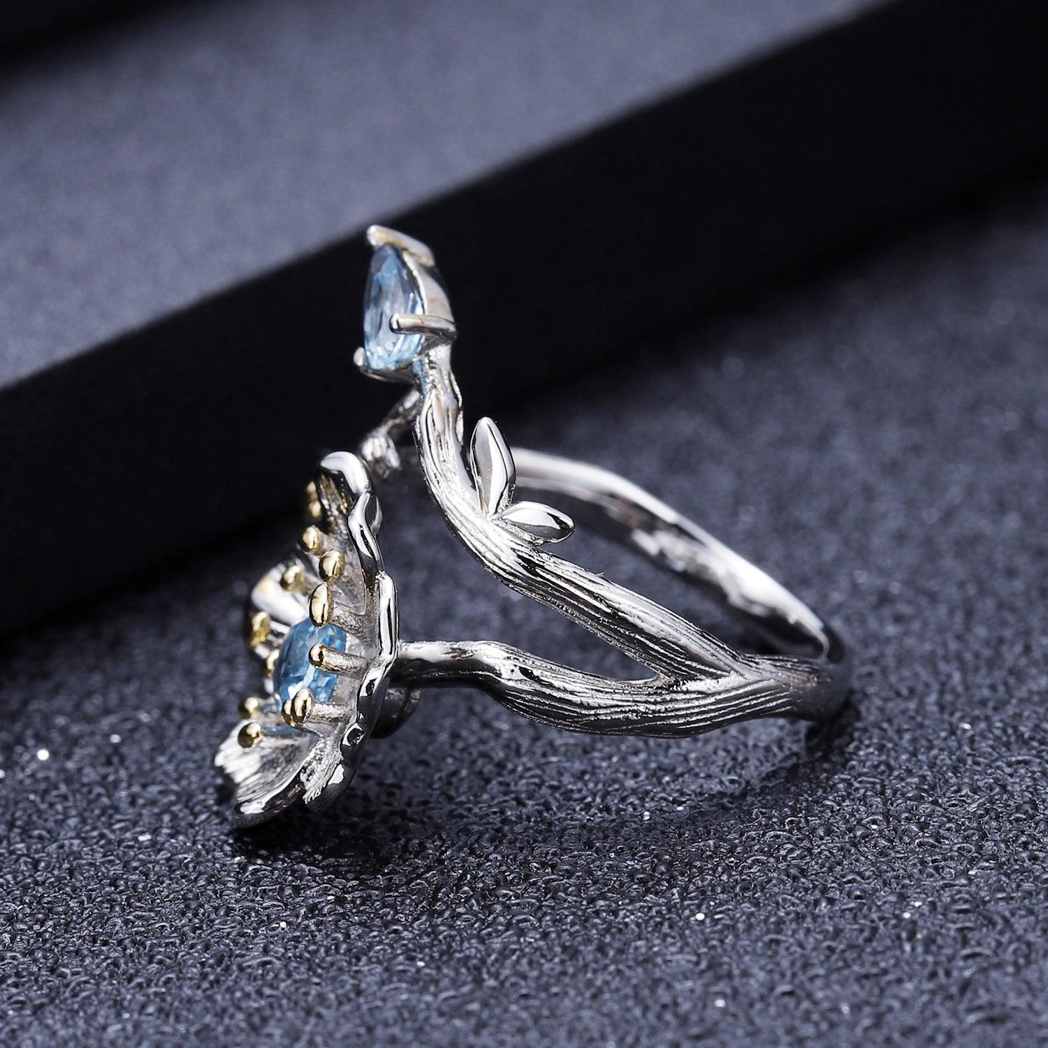 Natural wind floral design s925 silver natural topaz ring-BlingRunway