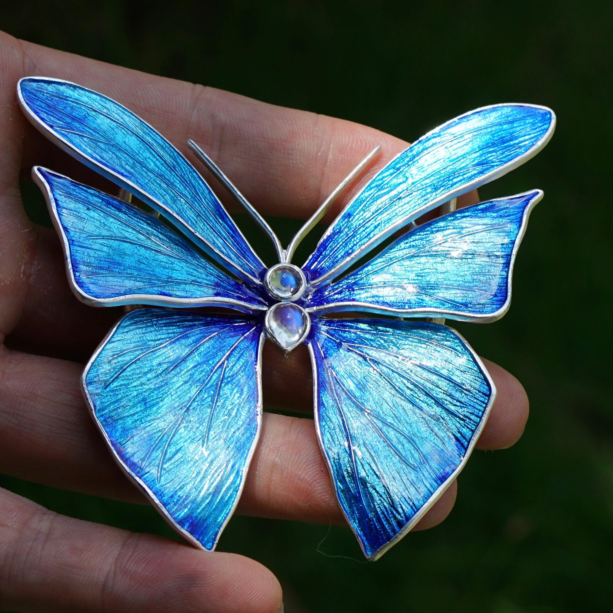 Fantasy Butterfly Moonstone Blue Enamel S999 Sterling Silver Necklace