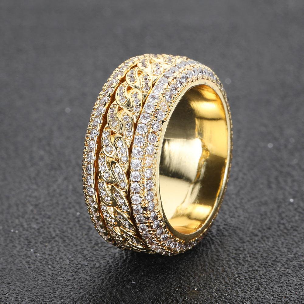 Hip Hop Style Copper Set Zircon Rotatable Cuban Ring-BlingRunway