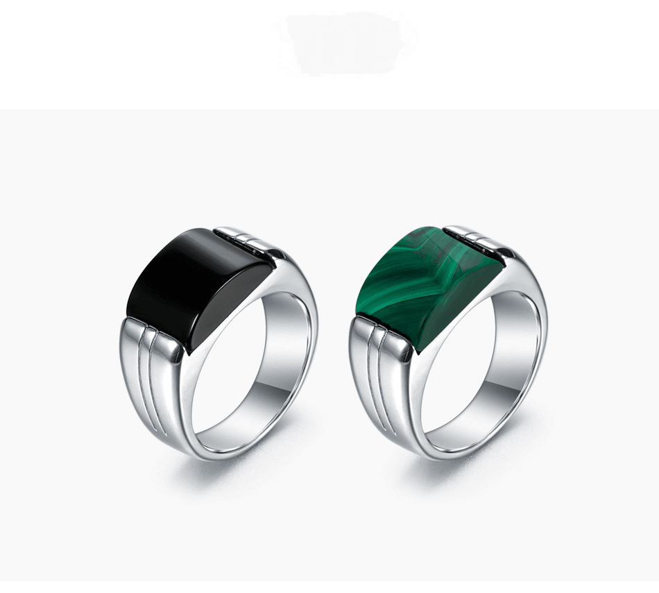 Designer Style Natural Black Onyx/Malachite Men's S925 Sterling Silver Ring-BlingRunway