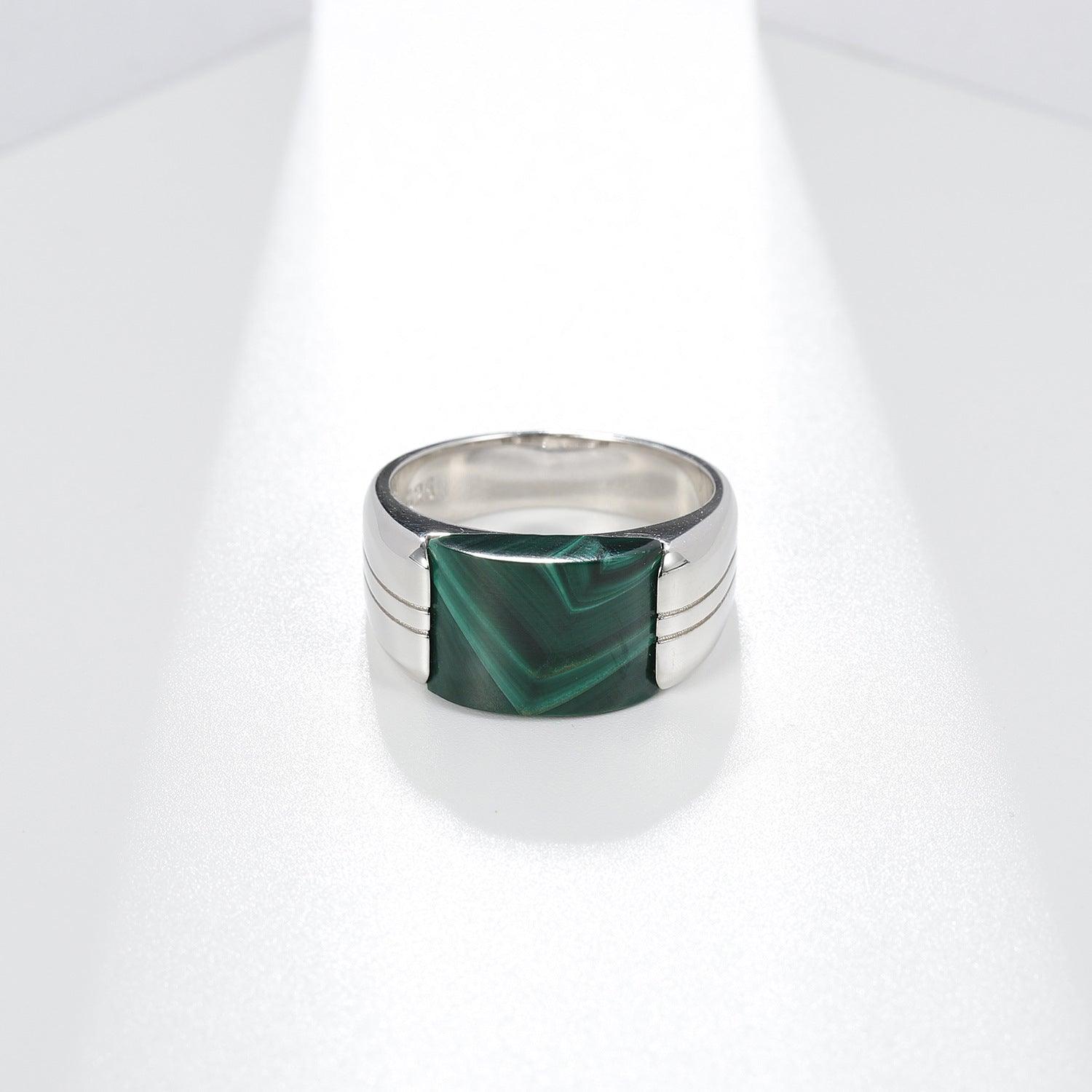 Designer Style Natural Black Onyx/Malachite Men's S925 Sterling Silver Ring-BlingRunway