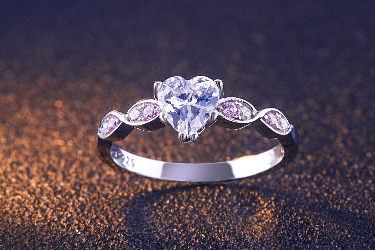 Bling Runway 925 sterling silver heart zircon with pink zircon handmade silver ring set-BlingRunway