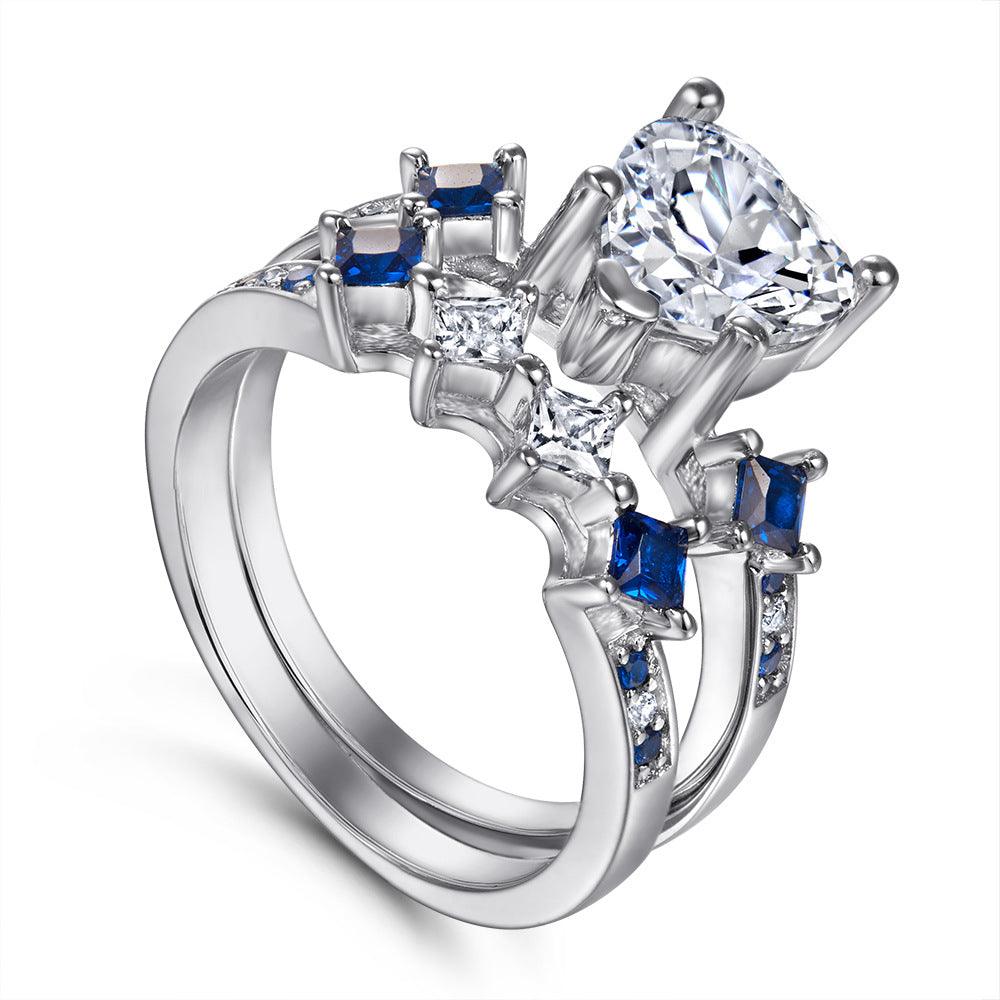 Bling Runway Trendy heart zircon with sapphire handmade silver combination ring-BlingRunway