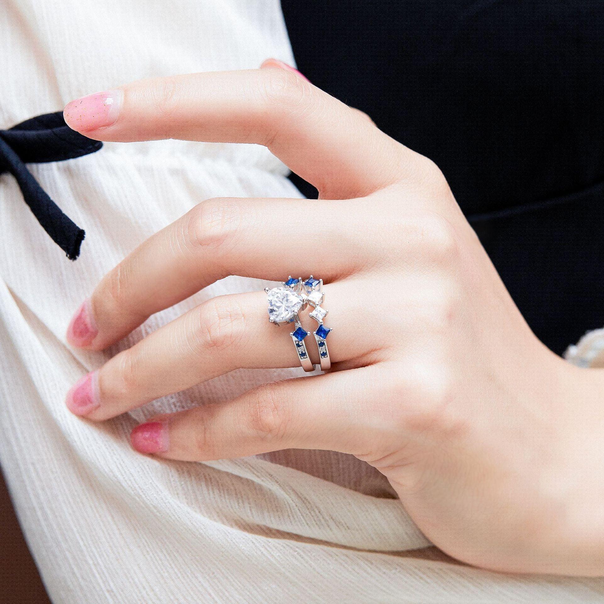 Bling Runway Trendy heart zircon with sapphire handmade silver combination ring-BlingRunway