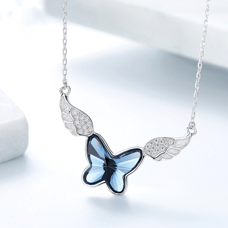 Angel Wings Sterling Silver Blue Crystal Butterfly Necklace