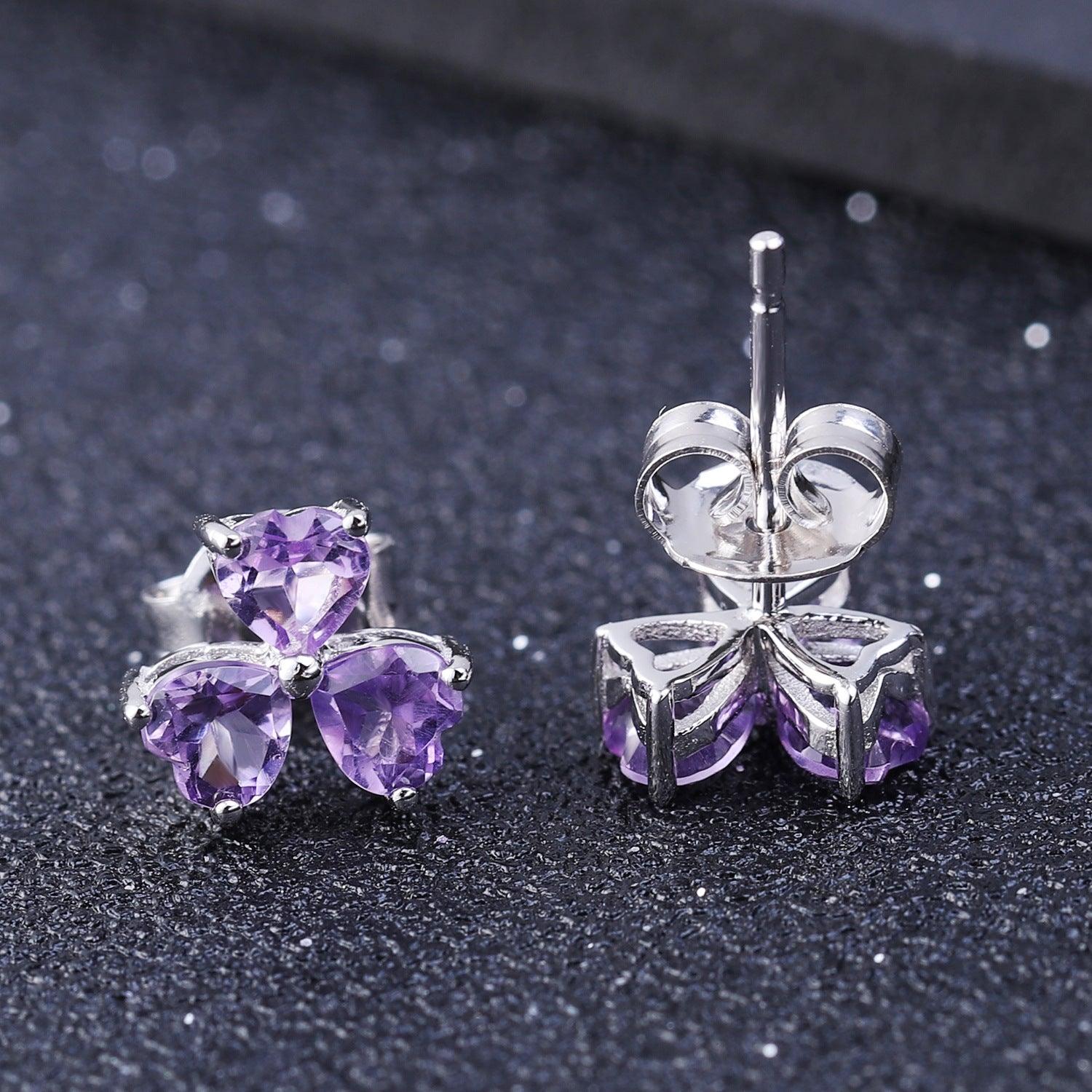 Petal Heart S925 Sterling Silver Natural Amethyst Stud Earrings-BlingRunway