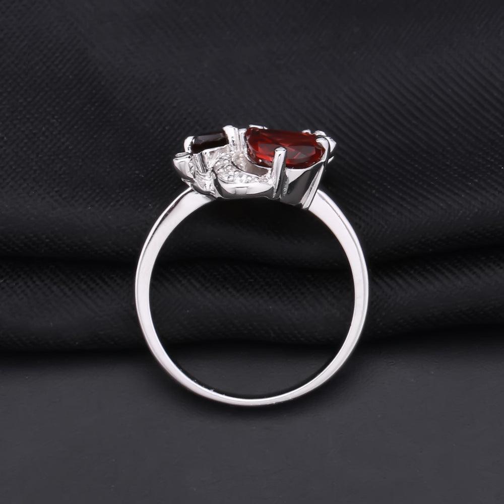 High grade floral inlaid S925 sterling silver natural red garnet ring-BlingRunway