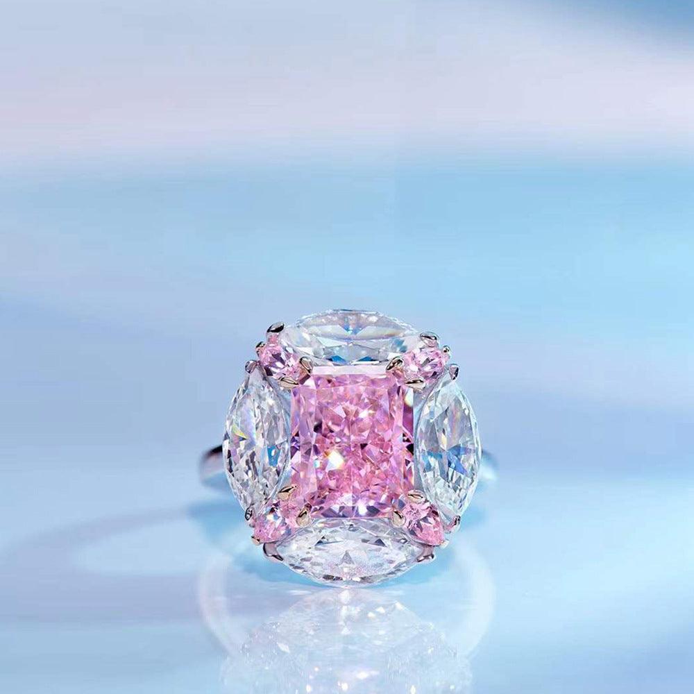 Bubble Gum Shaped S925 Silver High Carbon Simulated Pink Diamond Radiant Ring