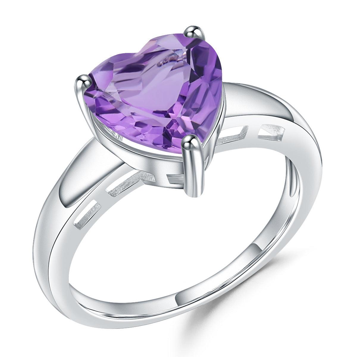 Heart Love S925 Silver Inlaid Natural Amethyst Treasure Ring-BlingRunway