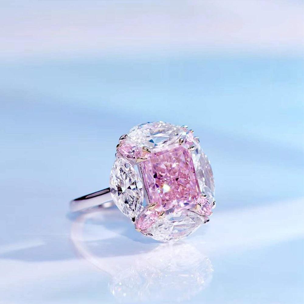 Bubble Gum Shaped S925 Silver High Carbon Simulated Pink Diamond Radiant Ring