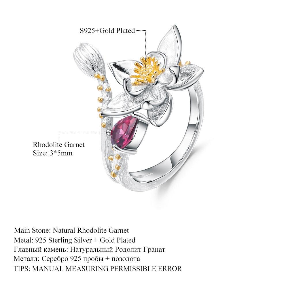 秘密花园花朵图案 S925 银天然宝石戒指