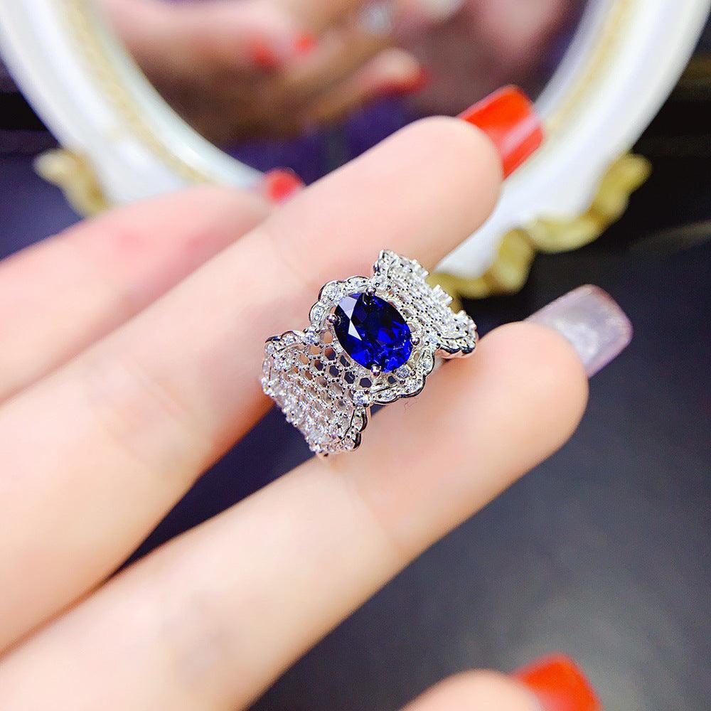 Spider Silk Design S925 Silver Inlaid High Carbon Simulated Sapphire Ring-BlingRunway