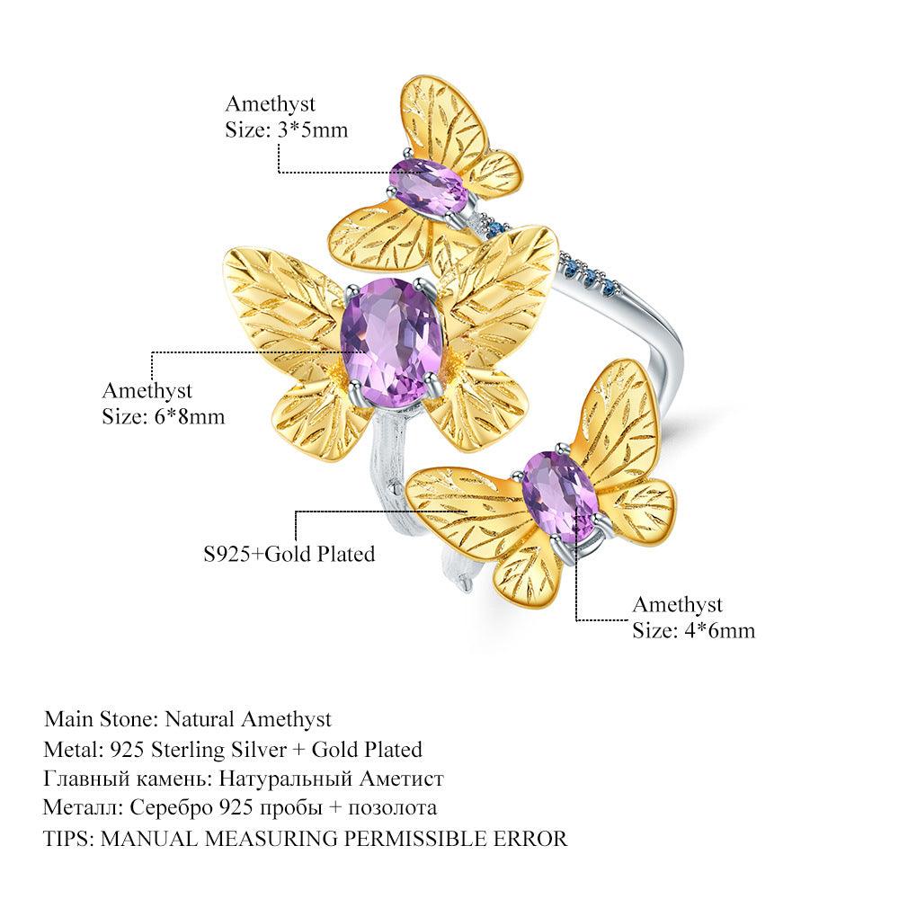 蝶が踊る S925 シルバー 天然アメジスト オープンリング