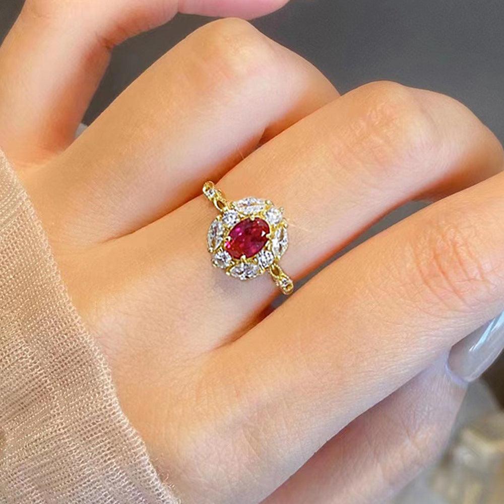 Classic Design S925 Silver High Carbon Simulation Oval Pigeon Blood Red Ring-BlingRunway