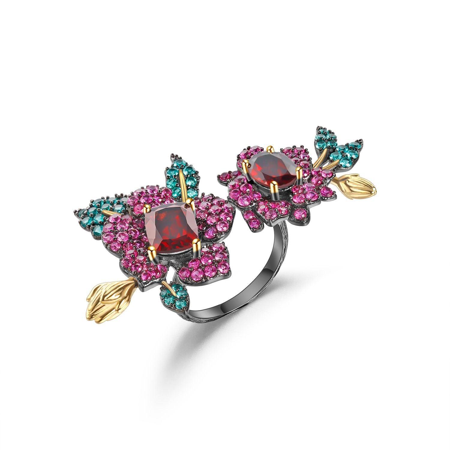 Secret Garden Natural Flower S925 Sterling Silver Natural Red Garnet Ring-BlingRunway