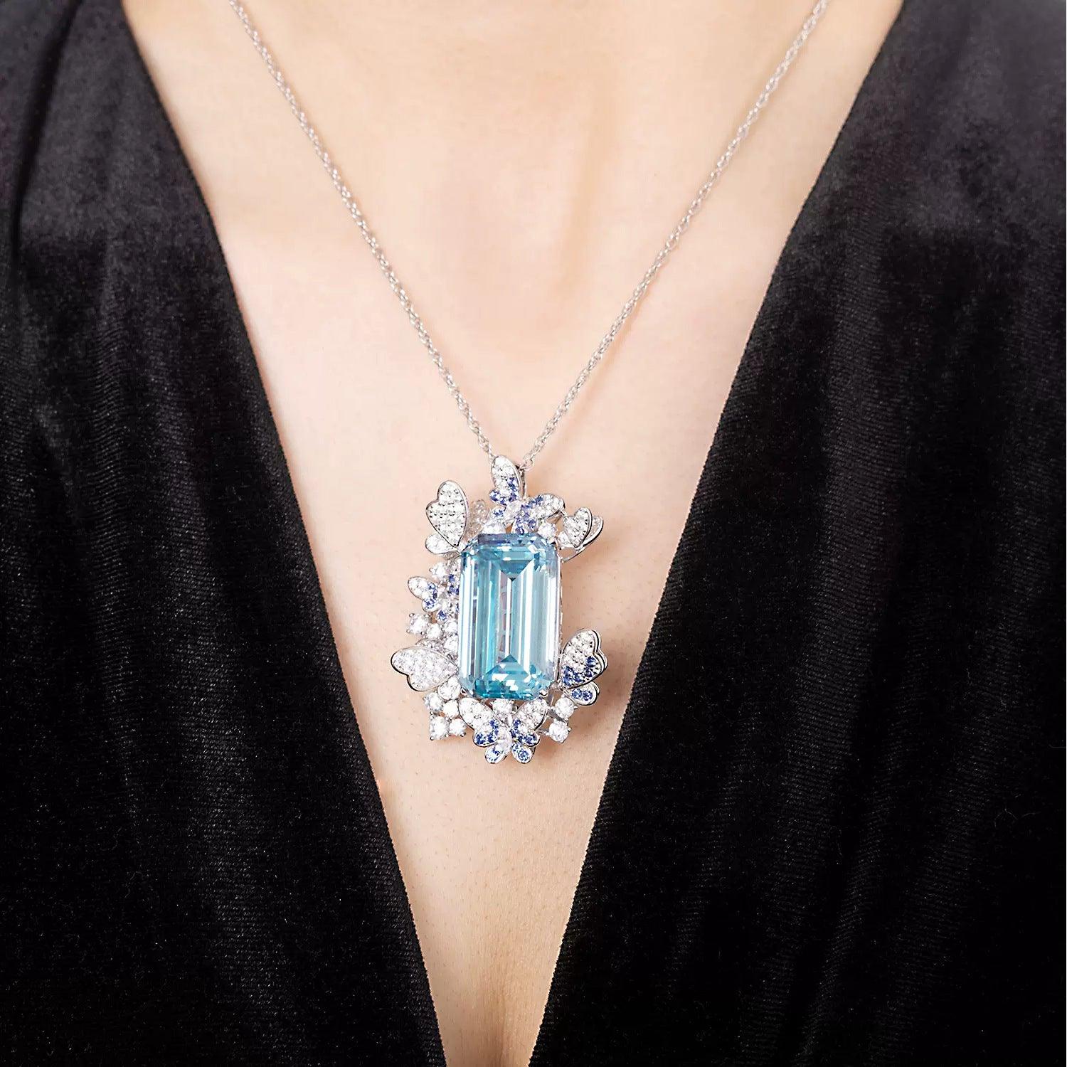 High Carbon Simulation Aquamarine S925 Silver Dual-purpose Necklace Brooch-BlingRunway