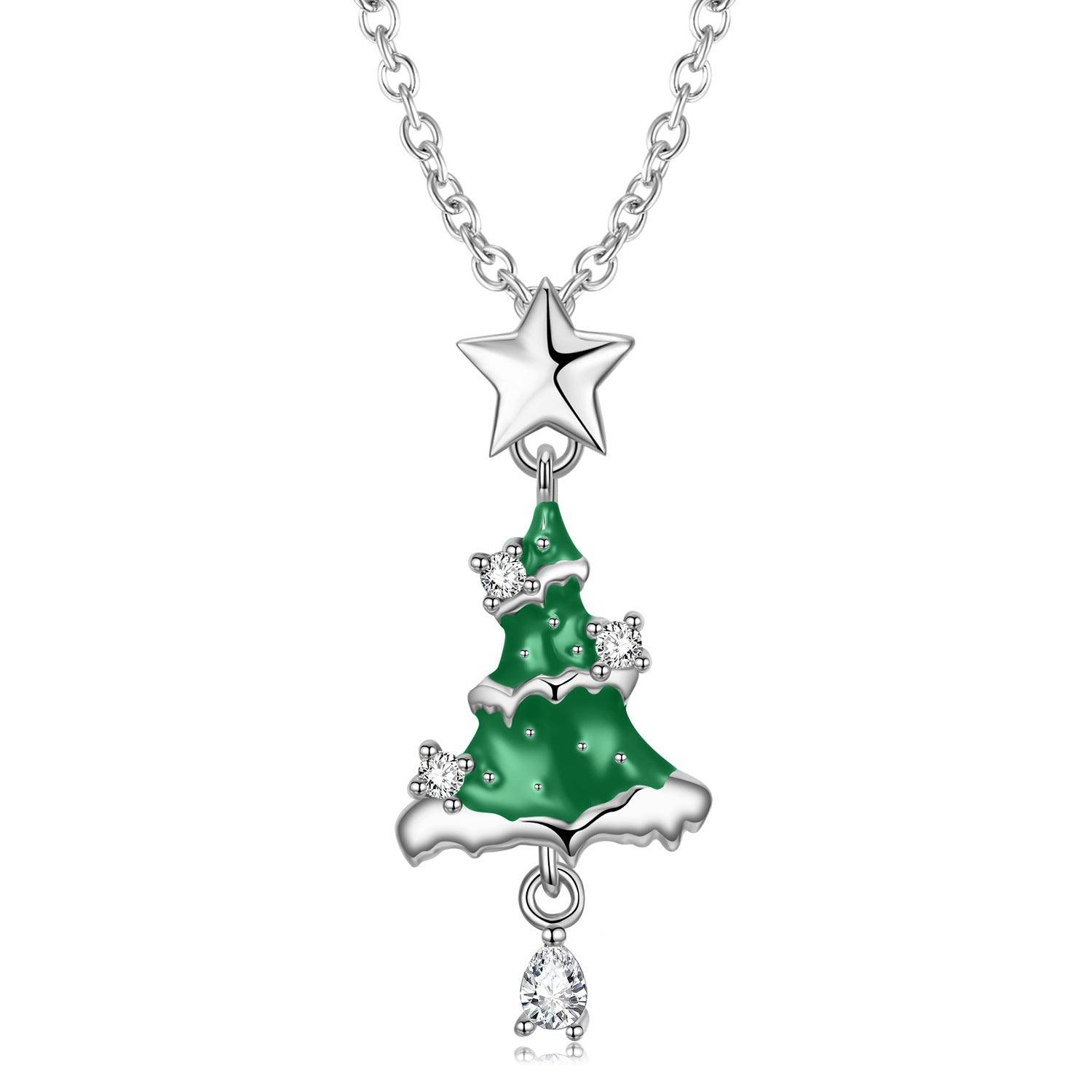 Green Enamel Star Christmas Tree Handmade Series S925 Sterling Silver Necklace-BlingRunway