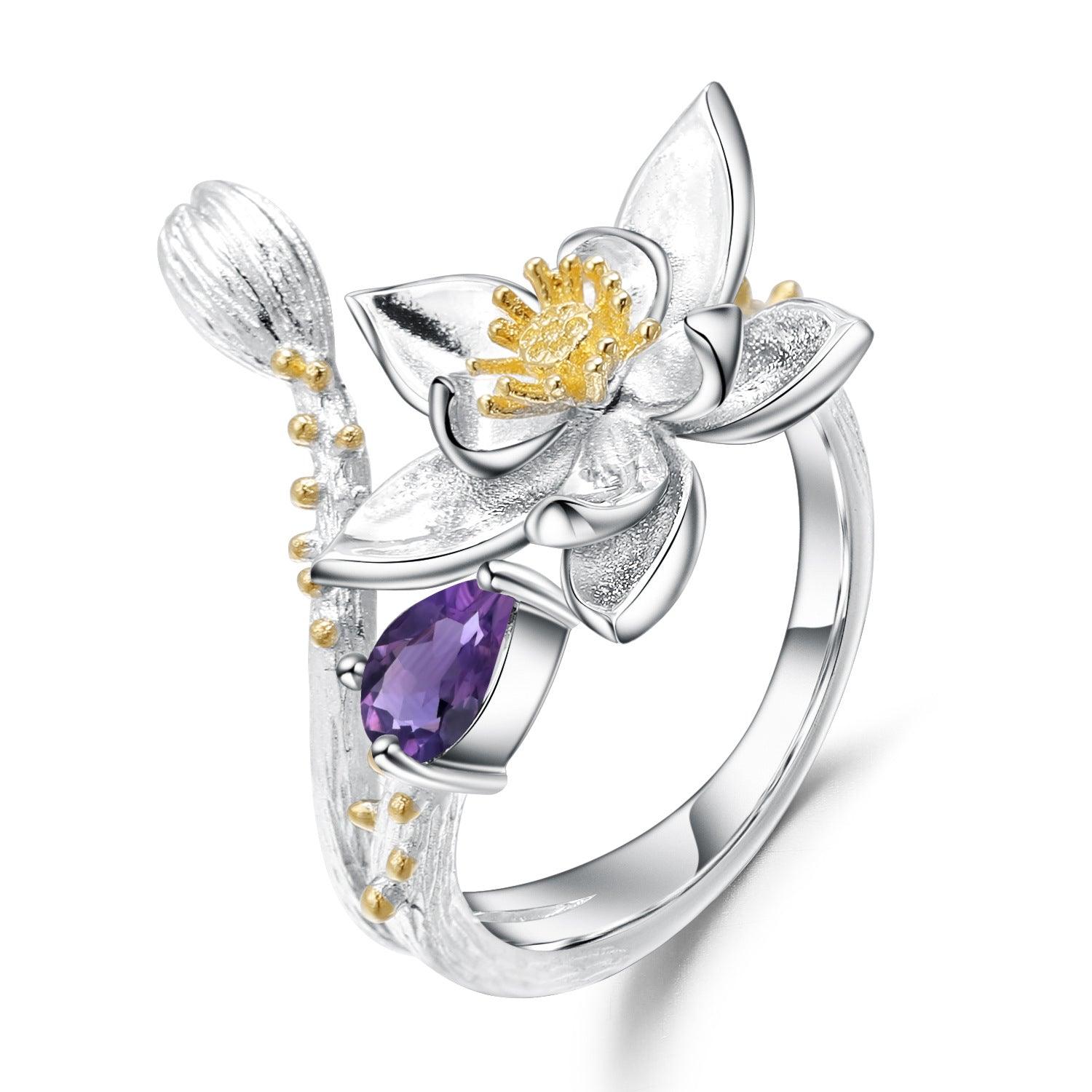 Secret Garden Flower Design S925 Silver Natural Gemstone Ring