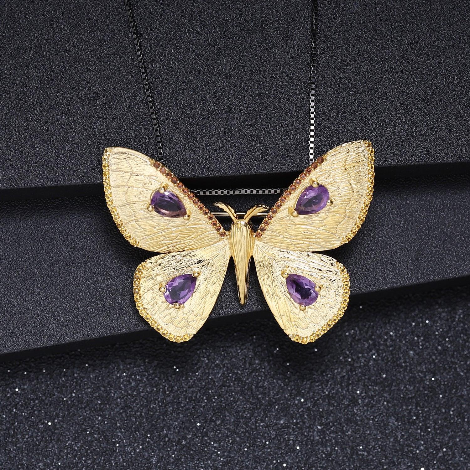 Garden Design Butterfly Design S925 Silver Natural Amethyst Brooch Pendant-BlingRunway