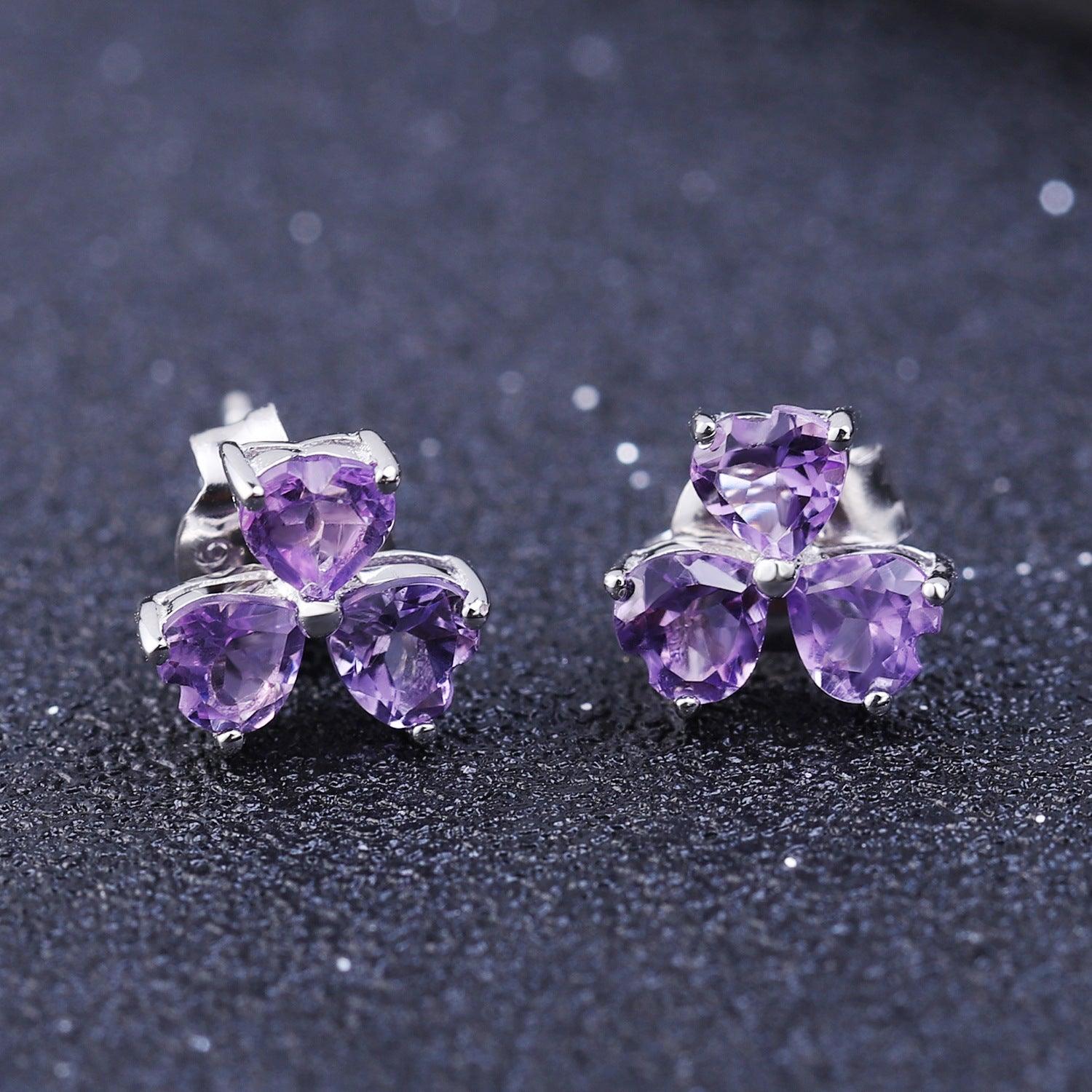 Petal Heart S925 Sterling Silver Natural Amethyst Stud Earrings-BlingRunway