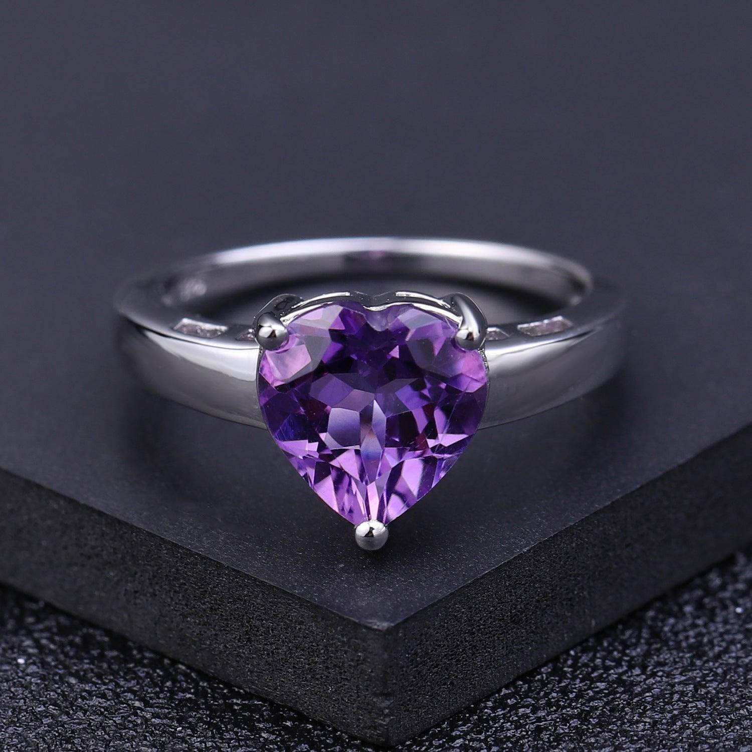 Heart Love S925 Silver Inlaid Natural Amethyst Treasure Ring-BlingRunway