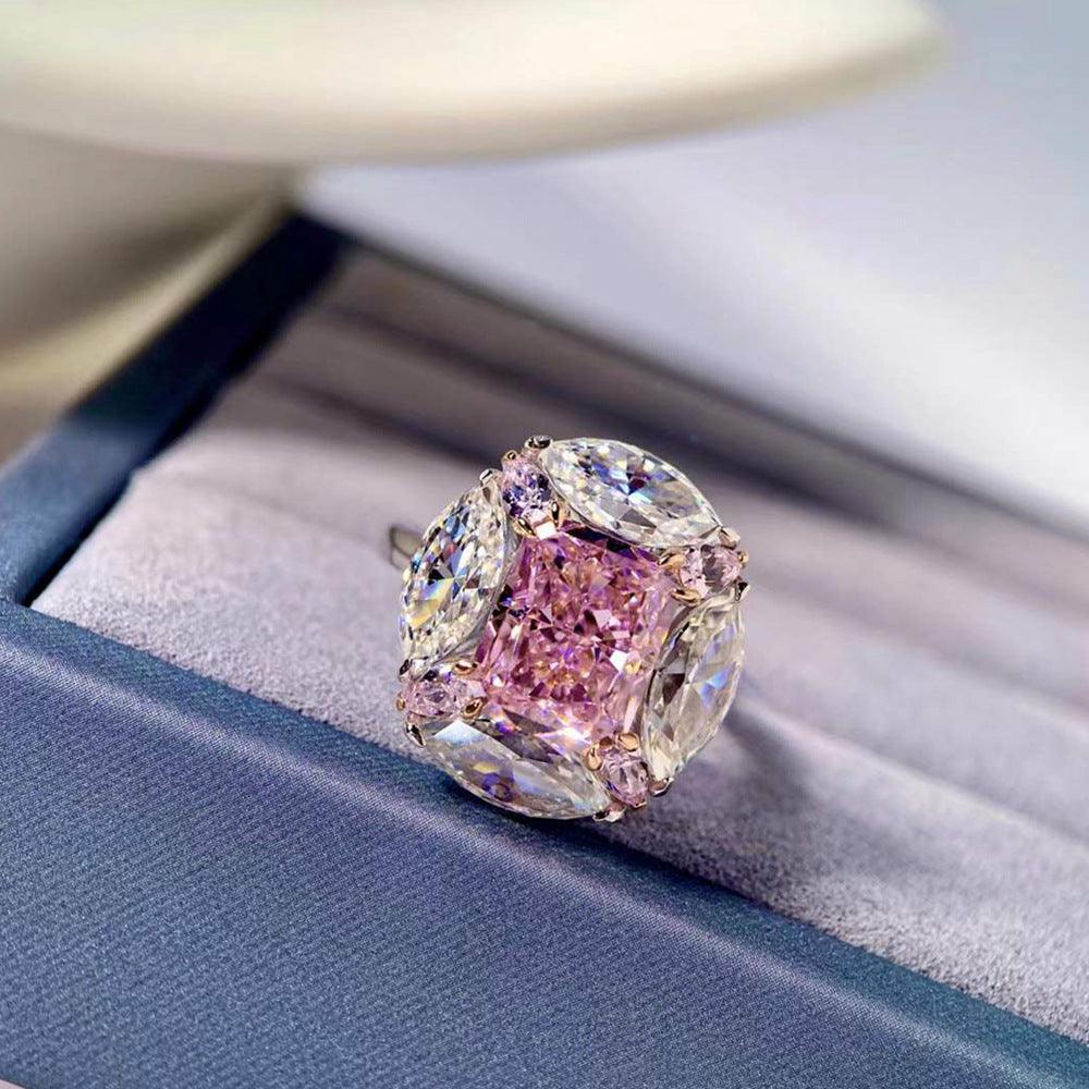 Bubble Gum Shaped S925 Silver High Carbon Simulated Pink Diamond Radiant Ring-BlingRunway