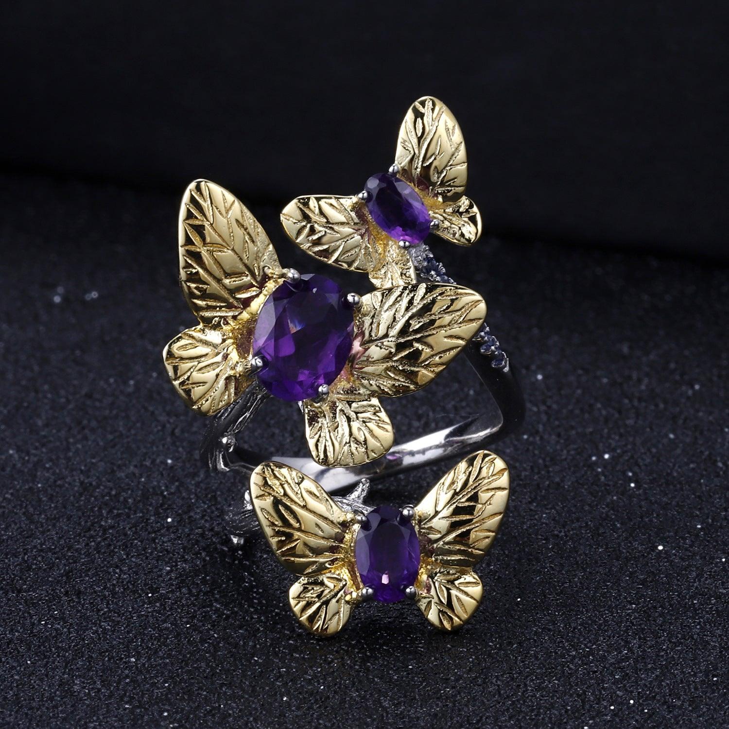 The Butterfly Dances S925 Silver Natural Amethyst Open Ring