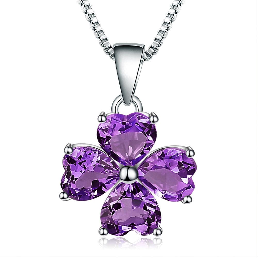 Four-leaf Clover Necklace S925 Sterling Silver Natural Amethyst Necklace Pendant-BlingRunway