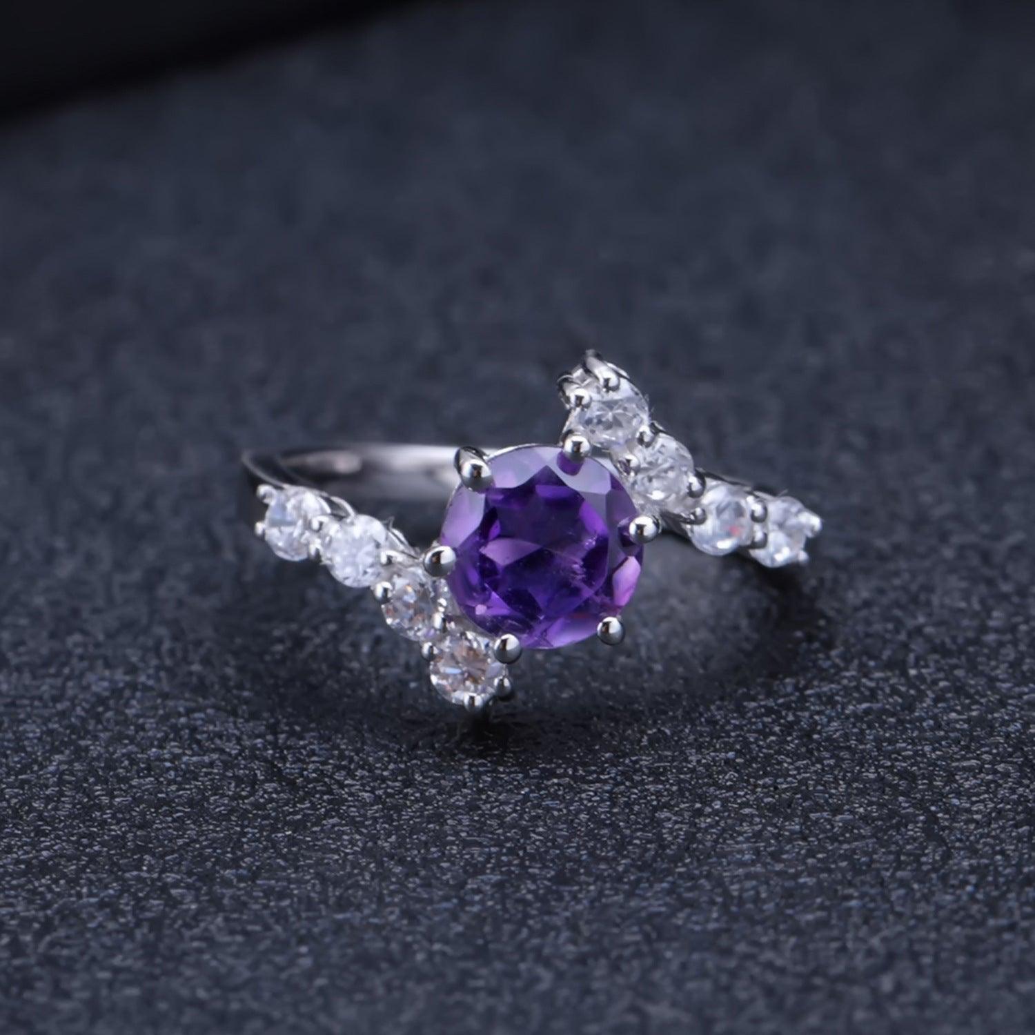 Simple Elegant Round S925 Sterling Silver Natural Amethyst Ring-BlingRunway