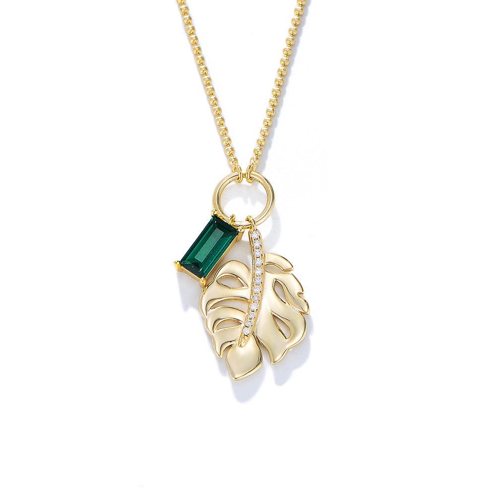 Classic Leaf Handmade Series S925 Sterling Silver Artificial Emerald Necklace-BlingRunway