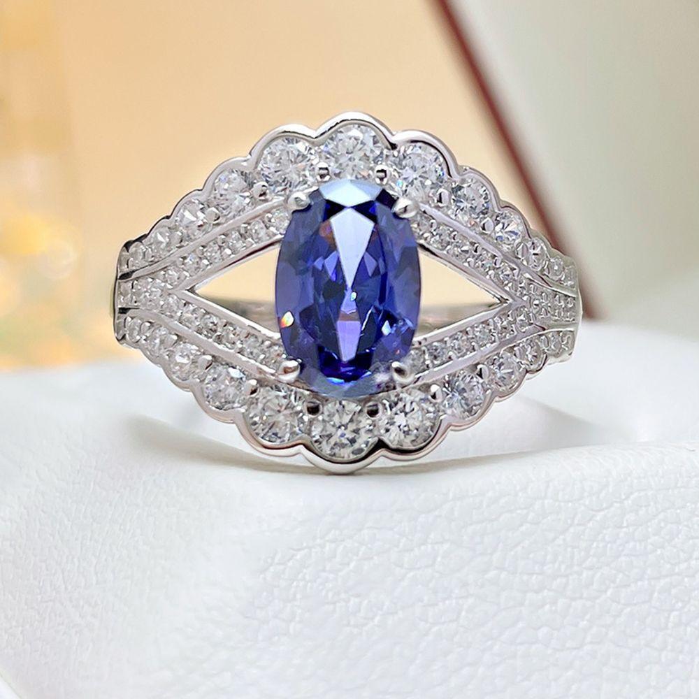 Luxury inlaid oval blue Tanzanite S925 sterling silver ring-BlingRunway