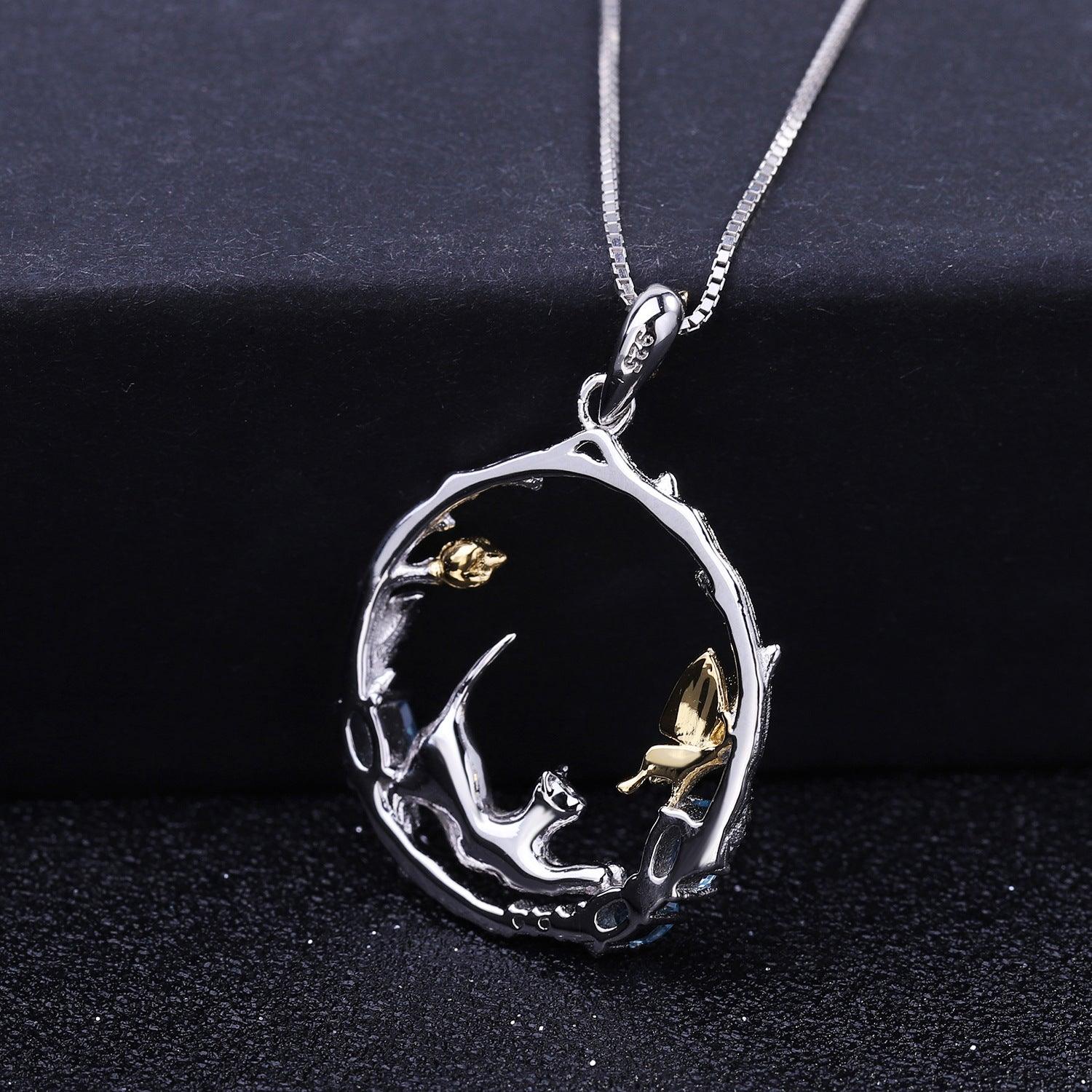 Cat under the Butterfly S925 Sterling Silver natural topaz necklace