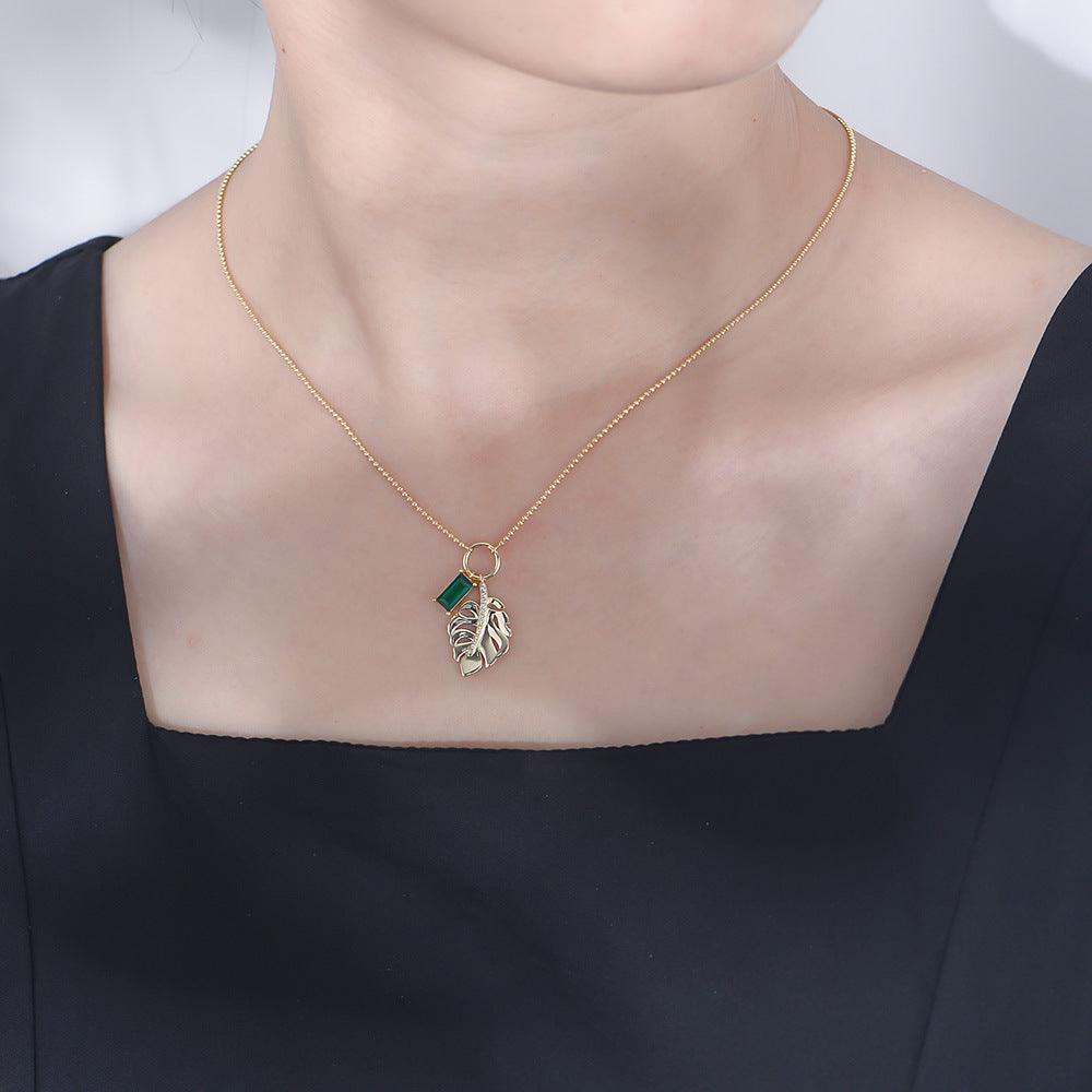 Classic Leaf Handmade Series S925 Sterling Silver Artificial Emerald Necklace-BlingRunway