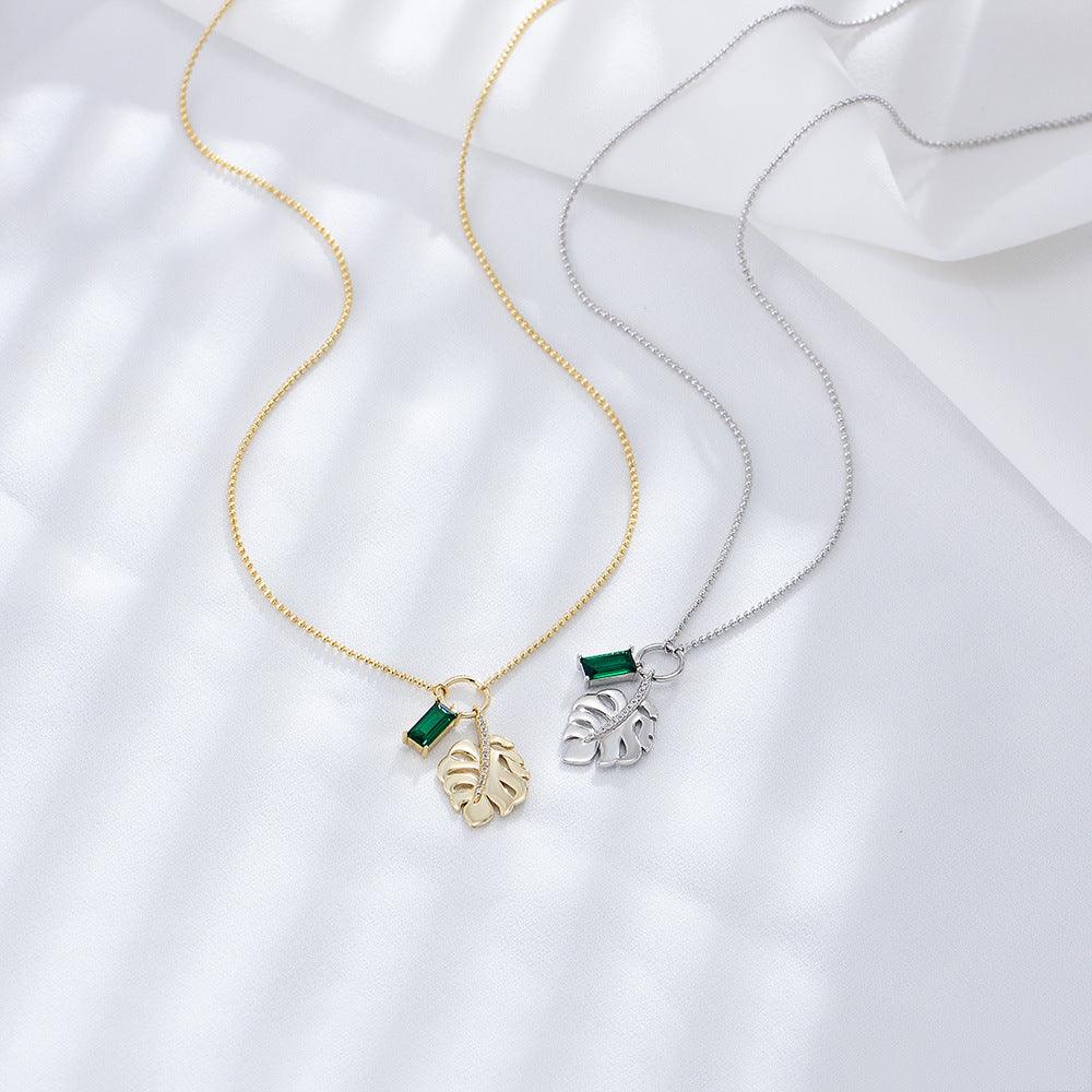 Classic Leaf Handmade Series S925 Sterling Silver Artificial Emerald Necklace