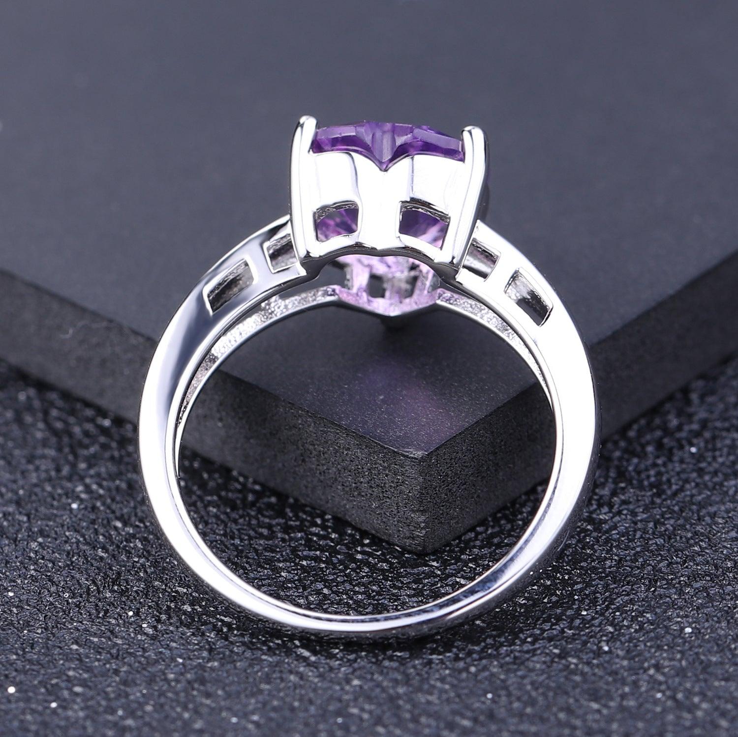 Heart Love S925 Silver Inlaid Natural Amethyst Treasure Ring-BlingRunway