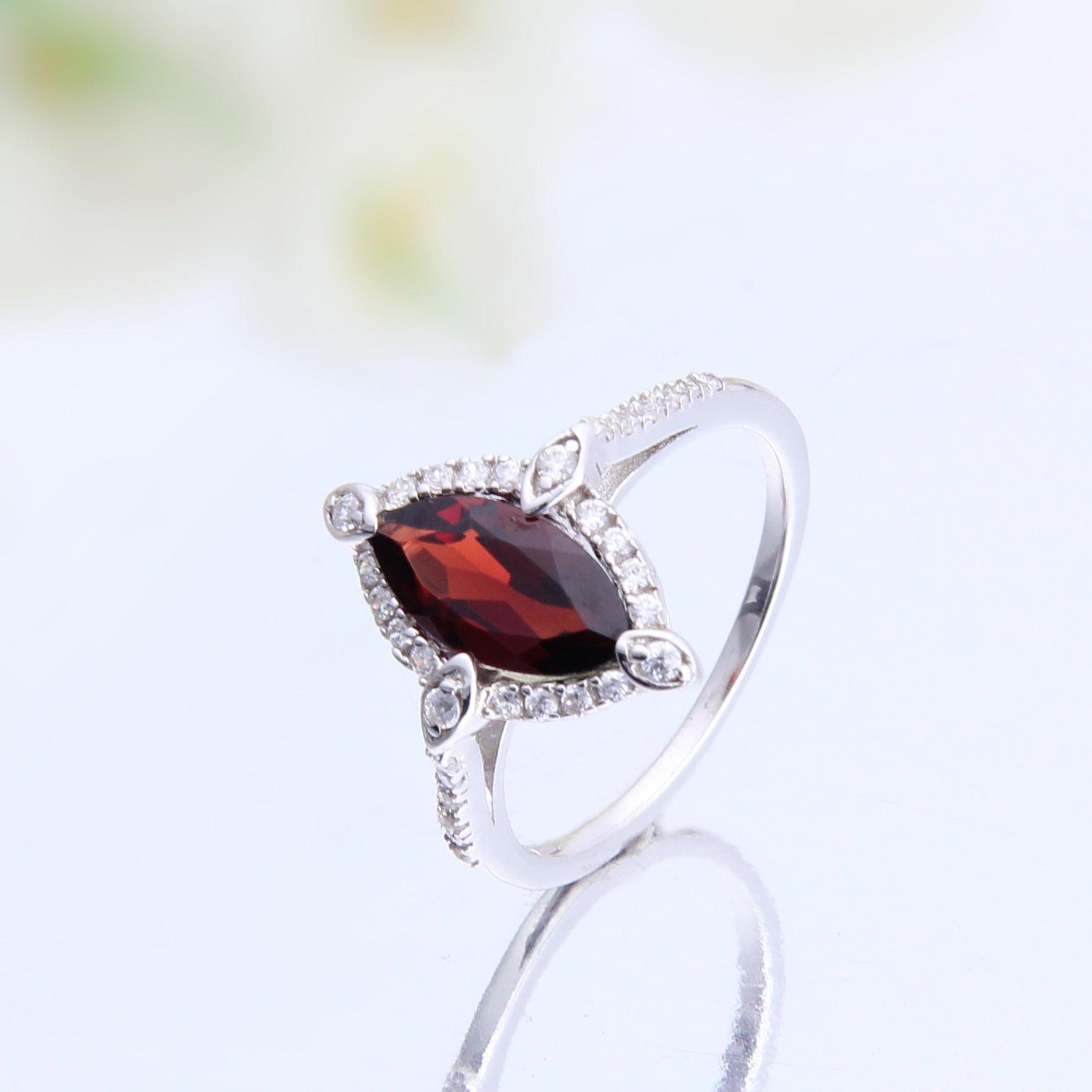 Luxury diamond surround S925 sterling silver natural red garnet ring-BlingRunway