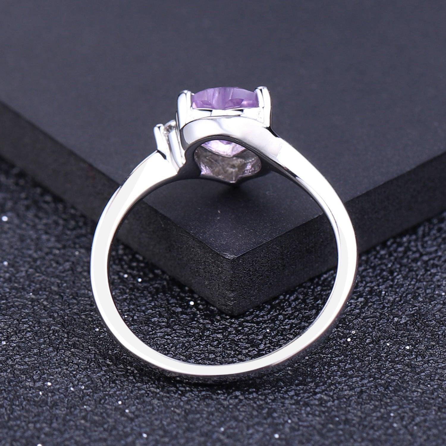 Triangle Inlaid Heart-shaped S925 Sterling Silver Natural Amethyst Ring-BlingRunway