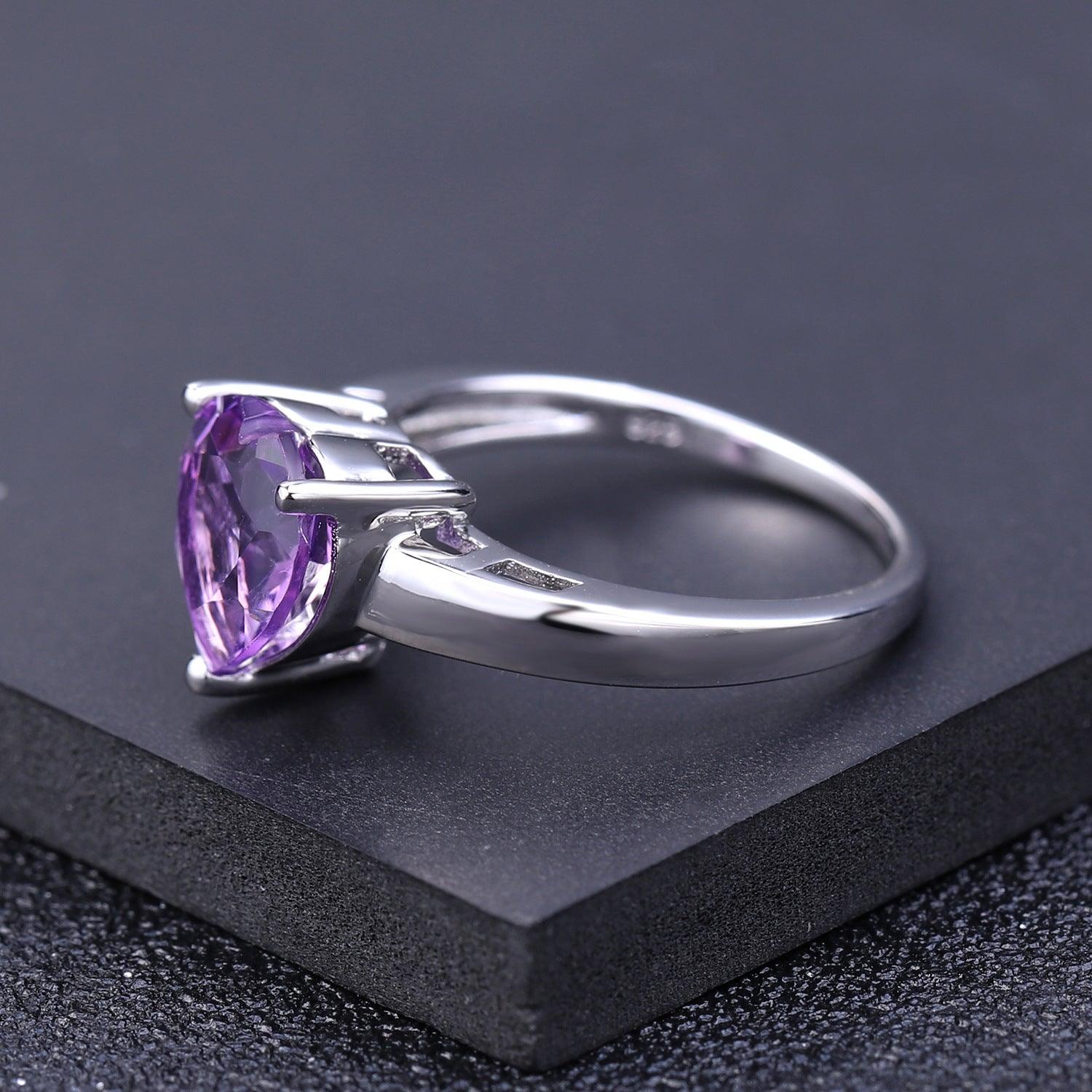 Heart Love S925 Silver Inlaid Natural Amethyst Treasure Ring-BlingRunway