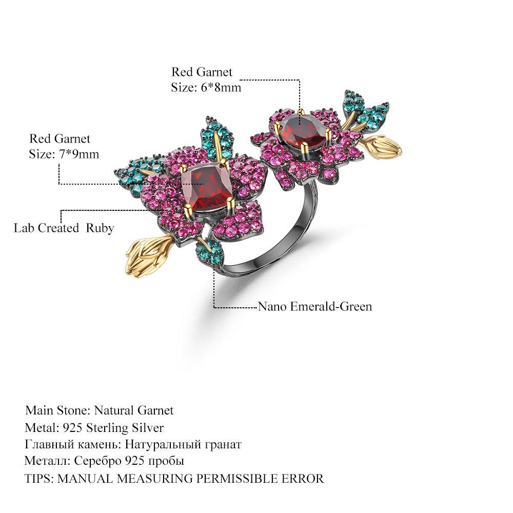 秘密花园天然花朵 S925 纯银天然红石榴石戒指