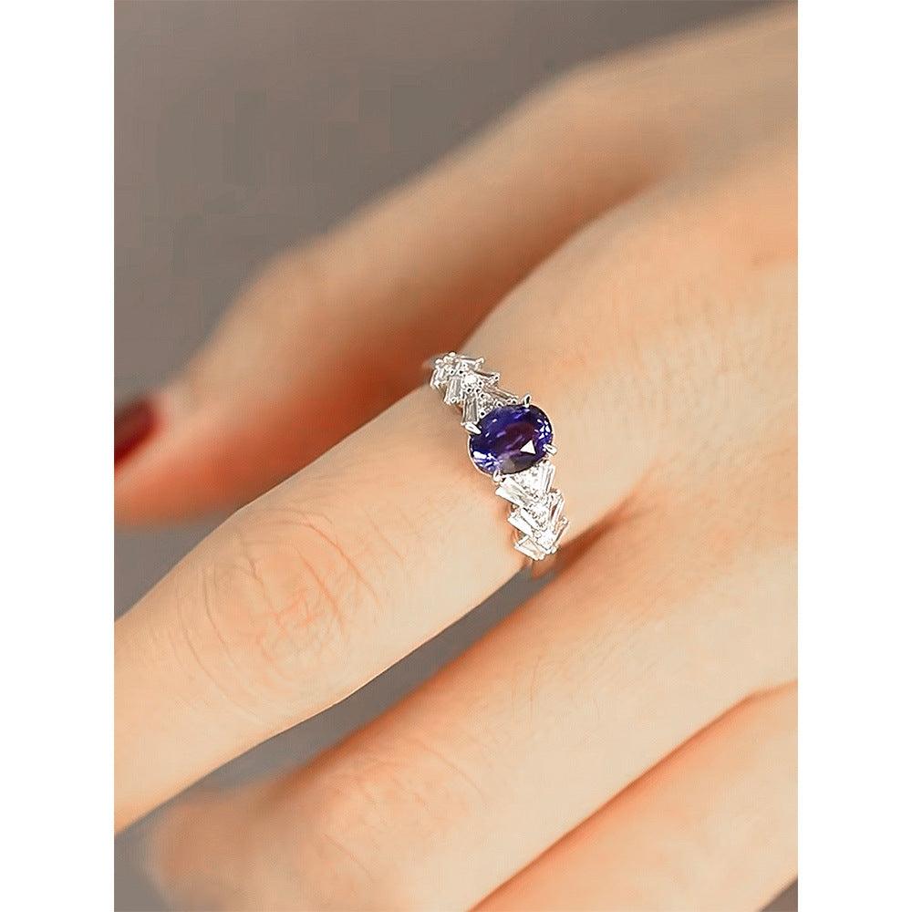 New Design S925 Silver Oval High Carbon Simulation Sapphire Rings-BlingRunway