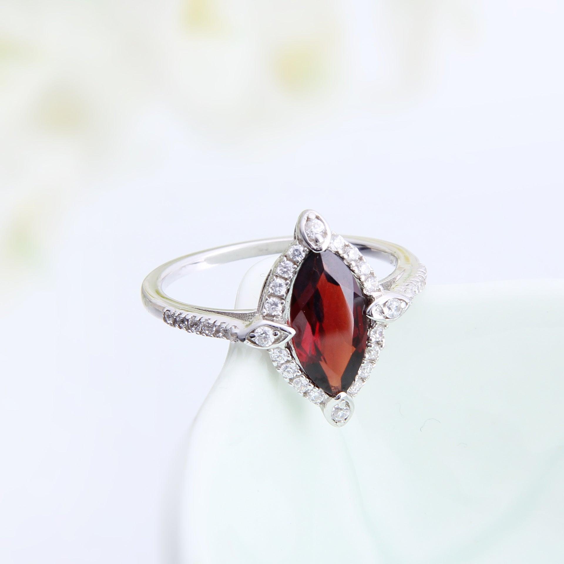 Luxury diamond surround S925 sterling silver natural red garnet ring-BlingRunway