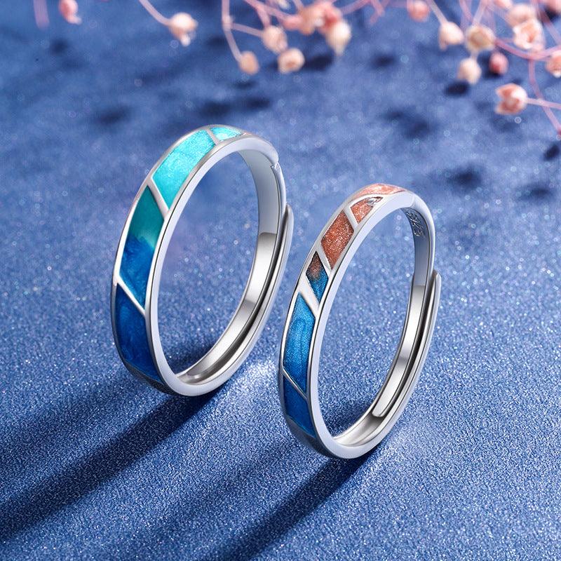 Affectionate Embrace Gradient Enamel Craft Handmade Series S925 Sterling Silver Couple Ring