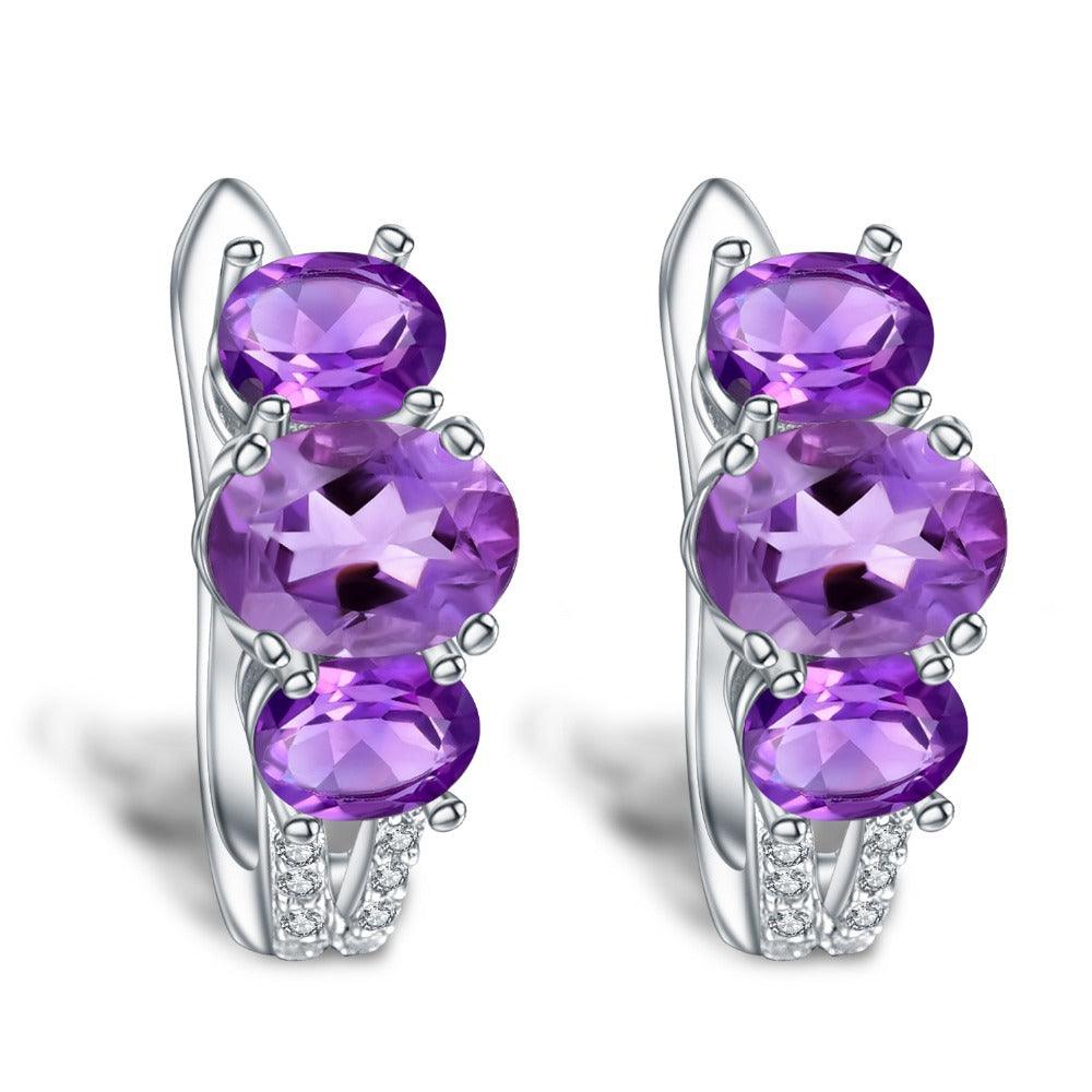 Classic Series Triple Gemstone S925 Silver Inlaid Natural Amethyst Earrings-BlingRunway